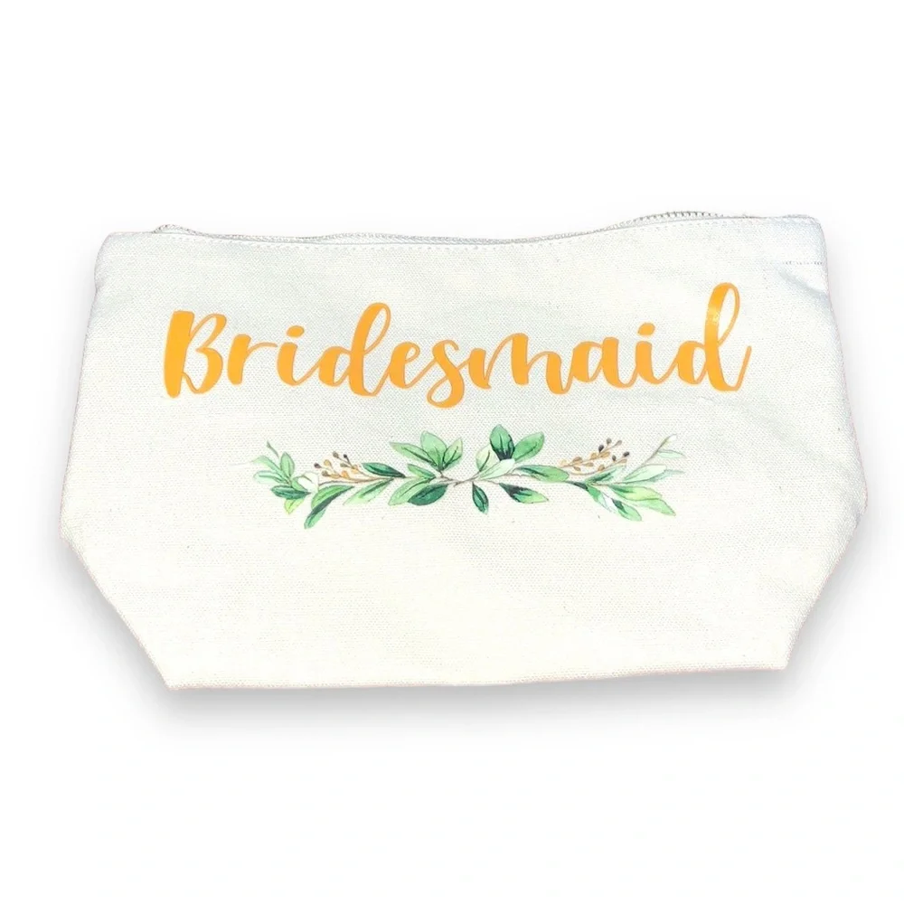 Bridesmaid Cream Makeup Bag Gold Script Wedding Party Gift Large 10.5x6.5